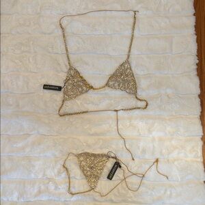 Gold Beaded Bikini Top and Bottom Set